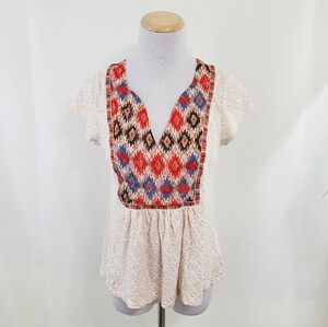 Anthropologie Honey Valley embroidered tee red tan blue size small